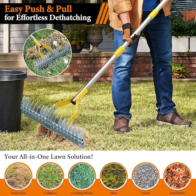 Thatch Rake for Lawns - 15in Dual-Action Dethatching Rake with 70'' Handle, Heavy Duty Manual Dethatcher & Scarifier Tool for Dead Grass,Moss,Weeds,Thatching Remover,Garden Yard Soil LooseningThatcher