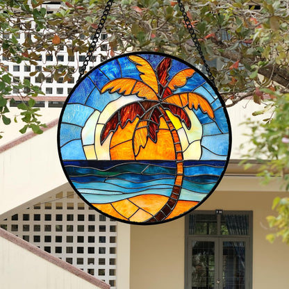 Stained Glass Window Hanging 4 Pcs Set Blue Orange Ocean Beach Theme Large 11.8" - Suncatcher Door Garden Sun Catcher Decor Birthday Christmas for Mom Woman Nana Men Wife