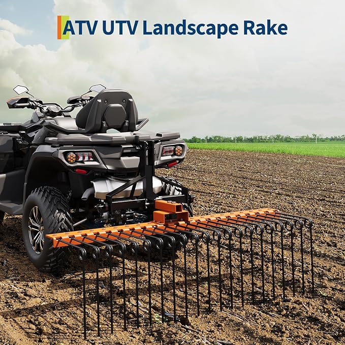 60 in Durable Pine Straw Rake, Steel Spring Landscape Rake Fits 2 in Receiver for Lawn Tractors or ATV/UTV, Orange