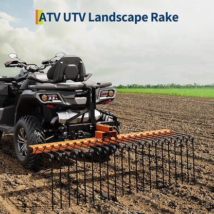 60 in Durable Pine Straw Rake, Steel Spring Landscape Rake Fits 2 in Receiver for Lawn Tractors or ATV/UTV, Orange