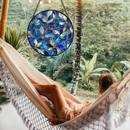 Stained Glass Window Hanging - Blue Gold Abstract Flowers Suncatcher for Door Terrace Garden Home Decor, Plant Sun Catcher Birthday Gifts for Lovers Women Men Dad Mom Nana 6.3 in