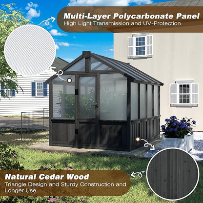 BlueWish 6x8FT Greenhouse, Greenhouse for Outdoor with Cedar Frame, Adjustable Vent, Wood Greenhouses with Polycarbonate Panel, Green House for Outside, Garden, Backyard, Black