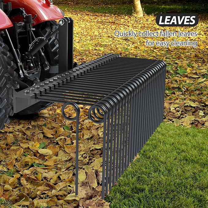 60 Inch 3 Point Tractor Rake, Pine Straw Needle Rake, Durable Powder Coated Steel Spring Landscape Rakes Fit for Cat0,Cat1,Black