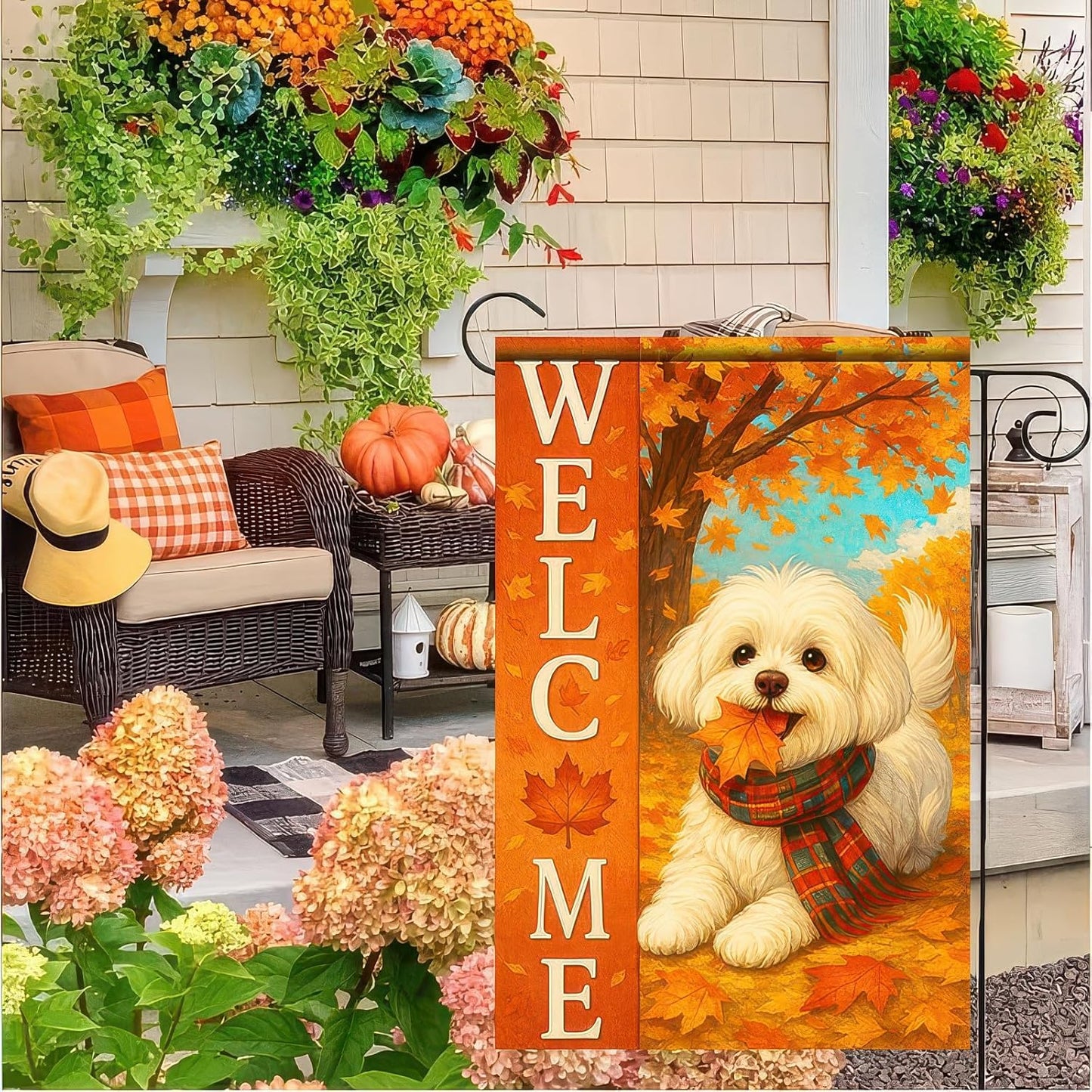 Thanksgiving Fall Garden Flag 12x18 Inch Welcome Bichon Frise Dog Outdoor Flag Double Sided Autumn Puppy Yard Banner with Plaid Scarf and Leaves Decor for Porch Lawn Patio