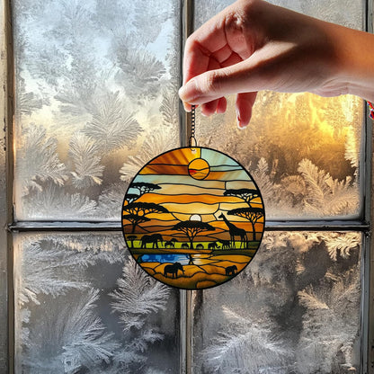 Acrylic Stained Glass Suncatcher Ornament – African Safari Sunset with Giraffes Elephants Trees – 4 Inch Acrylic Window Hanging Boho Home Décor Gift for Animal Lovers, Christmas Tree, (Sun-31)
