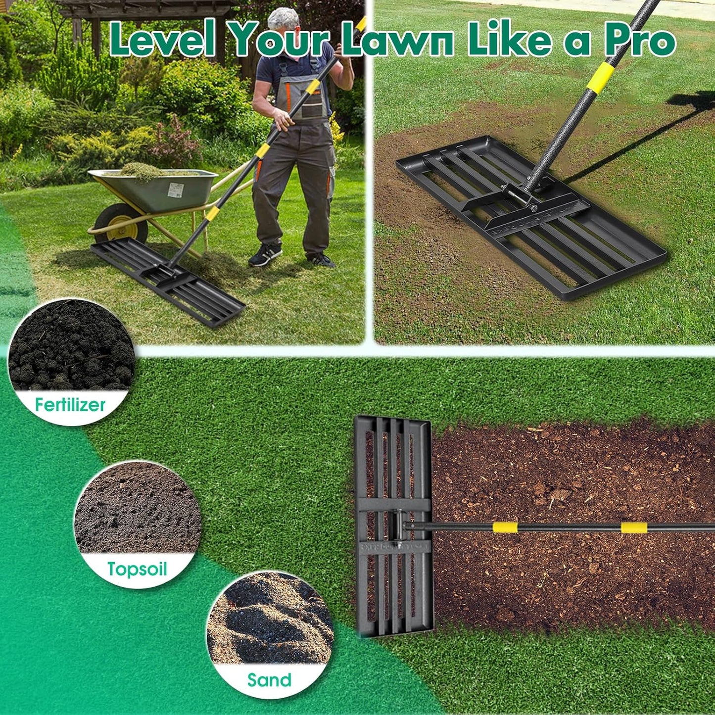 Lawn Leveling Rake,30x10 Inch Ground Plate,58 Inch Adjustable Long Handle Yard Level Tool with Curved Edge,Heavy Duty Large Landscaping Lawn Leveler for Grass, Golf Field, Soil Sand Dirt Spreader