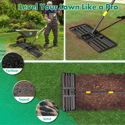 Lawn Leveling Rake,30x10 Inch Ground Plate,58 Inch Adjustable Long Handle Yard Level Tool with Curved Edge,Heavy Duty Large Landscaping Lawn Leveler for Grass, Golf Field, Soil Sand Dirt Spreader