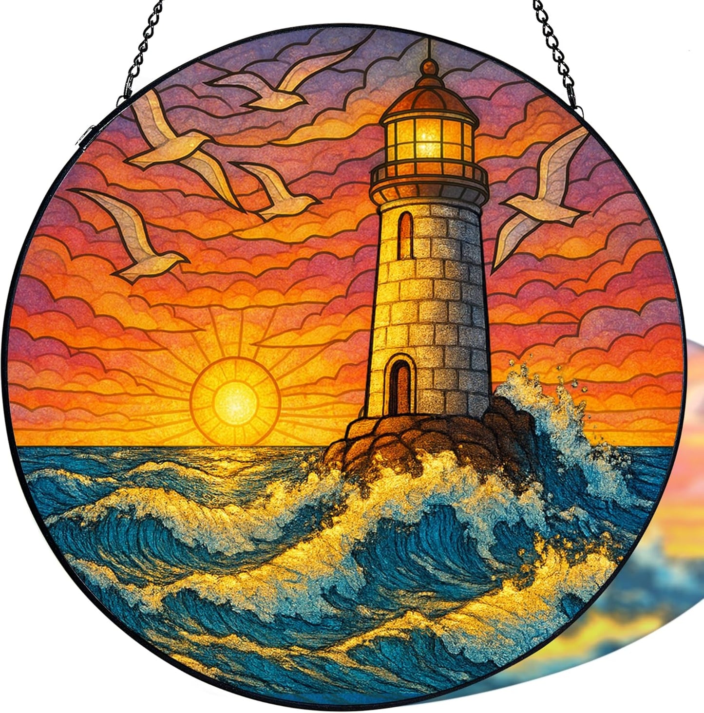 Stained Glass Window Hanging,Lighthouse Sun Catchers Stained Glass Panels for Indoor Windows Wall Art Decor, Memorial Gift for Mom Women Wife Men Lovers (7.87inch)