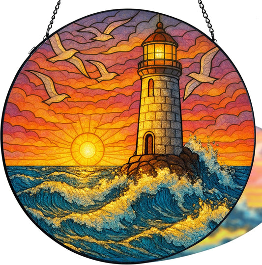 Stained Glass Window Hanging,Lighthouse Sun Catchers Stained Glass Panels for Indoor Windows Wall