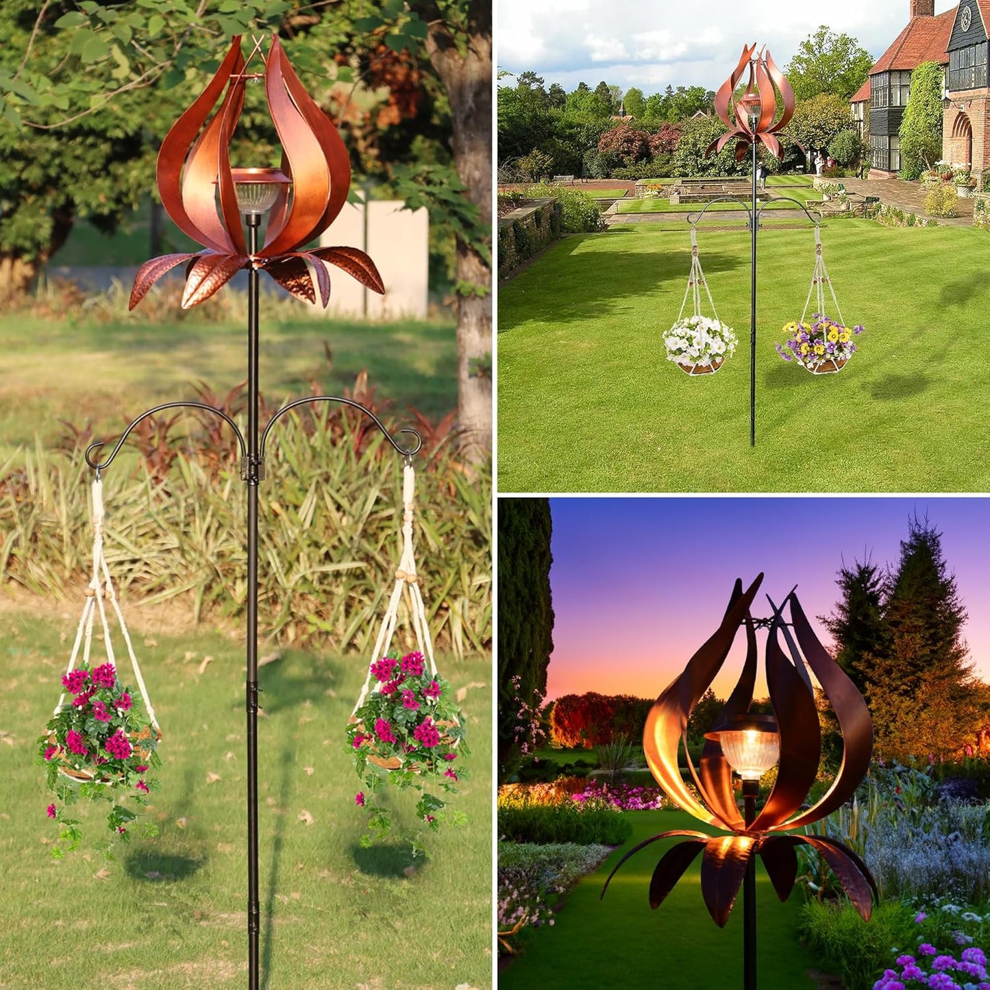 Solar Wind Spinner Outdoor Metal 83 Inch Windmill for Yard Garden Patio Decor Metal Yard Art Garden Art Easter Outdoor Decors Large Landscape Light with Shepherd Hooks Coconut Baskets
