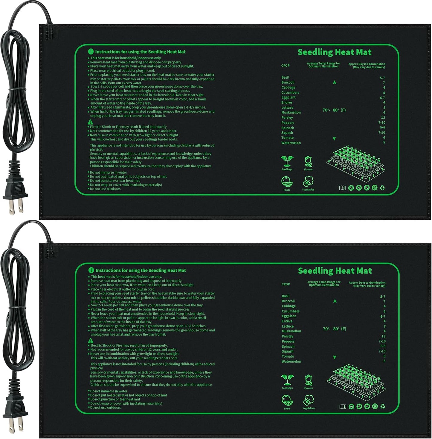 Seedling Heat Mat for Seed Starting,10" x 20.75" Waterproof Heating Pad for Indoor Plants Germination (Black 2 Pack)