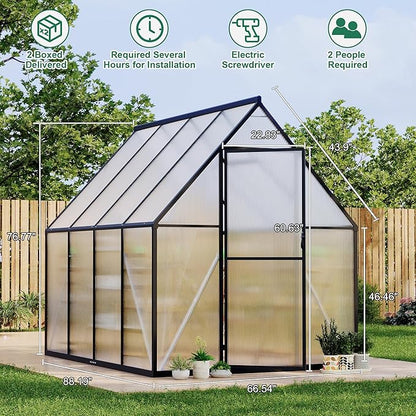 6'x7' Aluminum-Framed Polycarbonate Greenhouse, Heavy Duty Polycarbonate Greenhouse with Quick Setup Structure and Roof Vent, Large Enhanced Aluminum GreenhouseKit for Outdoors