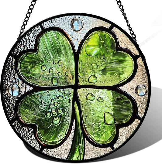 Stained Glass Window Hanging, Green Silver 4 Leaf Clover Sun Catcher for Window Door Home Decor