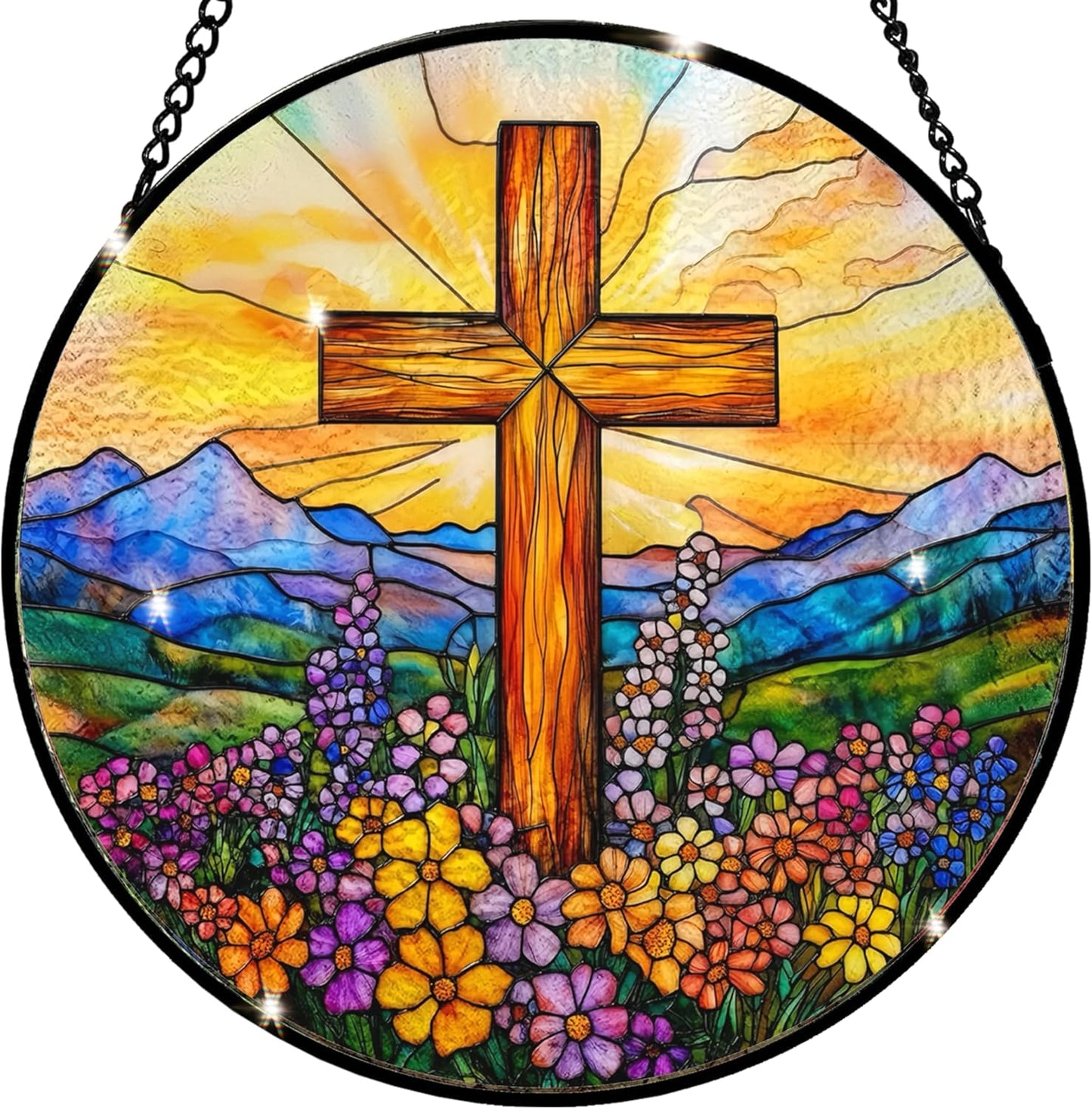 Cross and Wildflowers Stained Glass Sun Catcher - Handmade 7.87 Inch Christian Decor, Stained Glass Window Hanging, Christian Gift, Religious Decor Gift for Friends, Family, Classmates