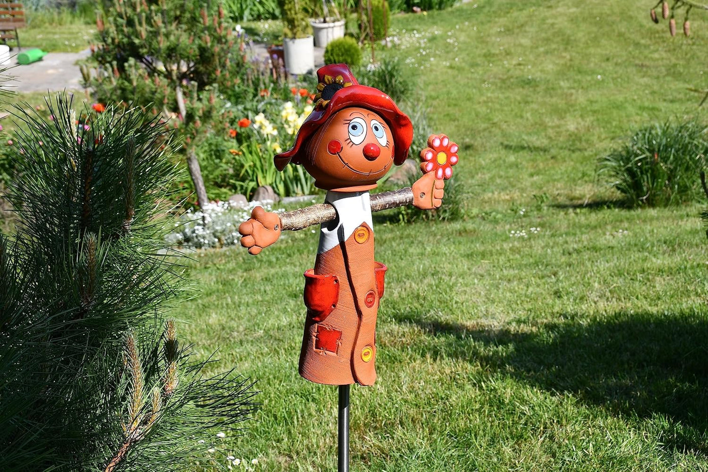 Ceramic Garden Decor - Scarecrow Lawn stake - Outdoor statue - Perfect, unique gifts for gardeners woman, men, yard gifts - Handmade, Frostproof