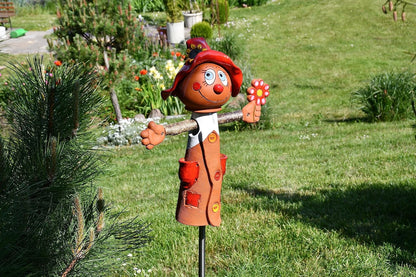 Ceramic Garden Decor - Scarecrow Lawn stake - Outdoor statue - Perfect, unique gifts for gardeners woman, men, yard gifts - Handmade, Frostproof