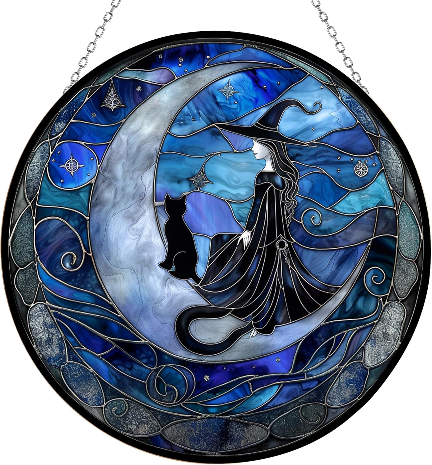 Spooky Witch Stained Glass Window Hanging Window Suncatcher 12" Glass Panel with Metal Chain and Hooks Sun Catchers Indoor Wall Art Home Decor Gift for Women Mother's Day