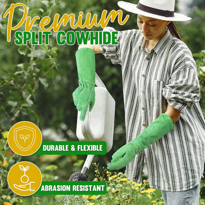 HANDLANDY Leather Gardening Gloves, Thorn Proof Long Gauntlet Heavy Duty Garden Gloves, Elbow Length Rose Pruning Weeding Yard Glove (Medium, Green)