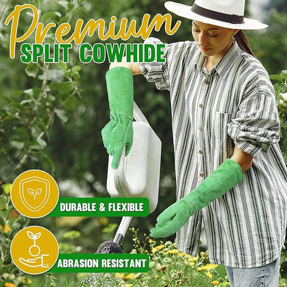 HANDLANDY Leather Gardening Gloves, Thorn Proof Long Gauntlet Heavy Duty Garden Gloves, Elbow Length Rose Pruning Weeding Yard Glove (Large, Green)