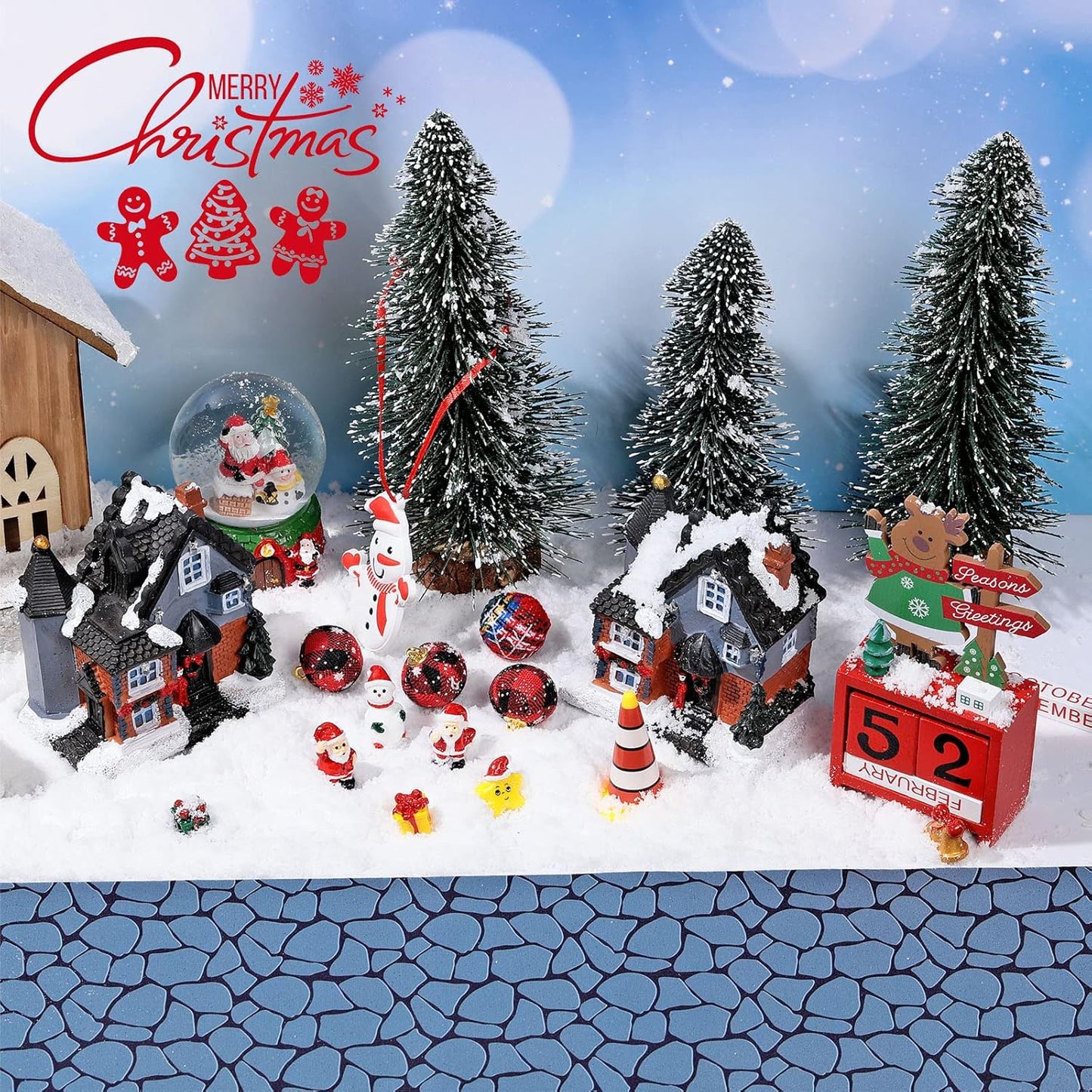 Marspark Christmas Village Accessories 5 x 50 Inch Christmas Miniature Road Village Street Mat Xmas Snow Street Decorations for Little Landscape(White Gravel Road Style)