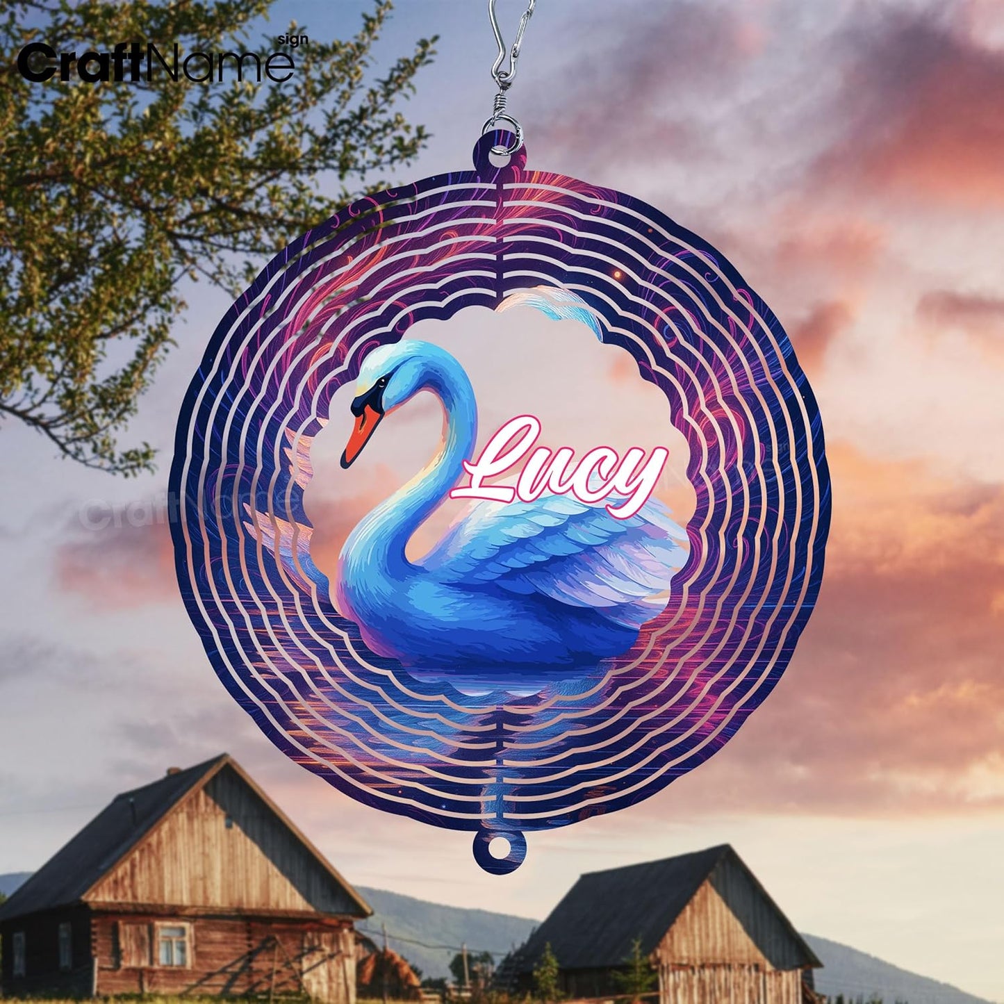 Personalized Swan Wind Spinner 3D Stainless Steel, Swan Garden Spinner Hanging Outdoor Decor, Wind Spinners Outdoor, Custom Gift for Grandmother, Mom, Wife