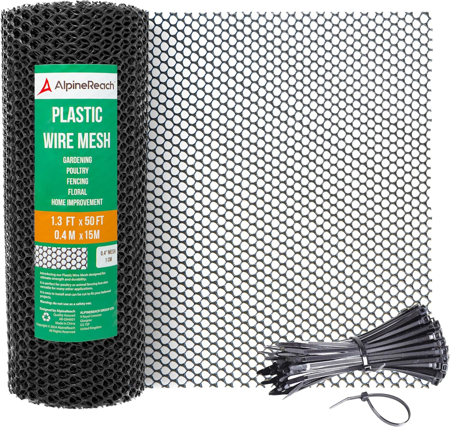 AlpineReach Plastic Wire Mesh 1.3ft x 50ft (15.7" x 600") Fence Roll with Zip Ties - Ideal for Poultry, Dogs, Rabbit Barrier & Gardening, Durable Chicken Mesh, Versatile Rigid Fencing & Netting, Black