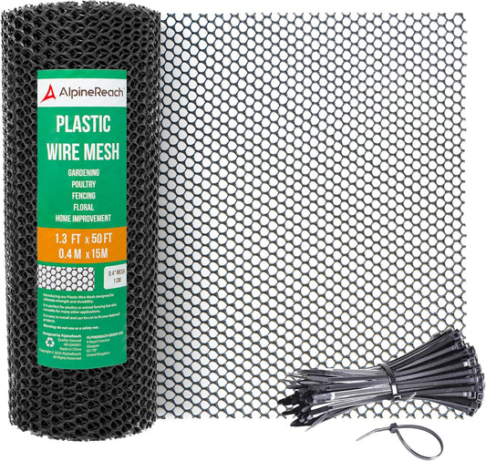 AlpineReach Plastic Wire Mesh 1.3ft x 50ft (15.7" x 600") Fence Roll with Zip Ties - Ideal for Poultry, Dogs, Rabbit Barrier & Gardening, Durable Chicken Mesh, Versatile Rigid Fencing & Netting, Black