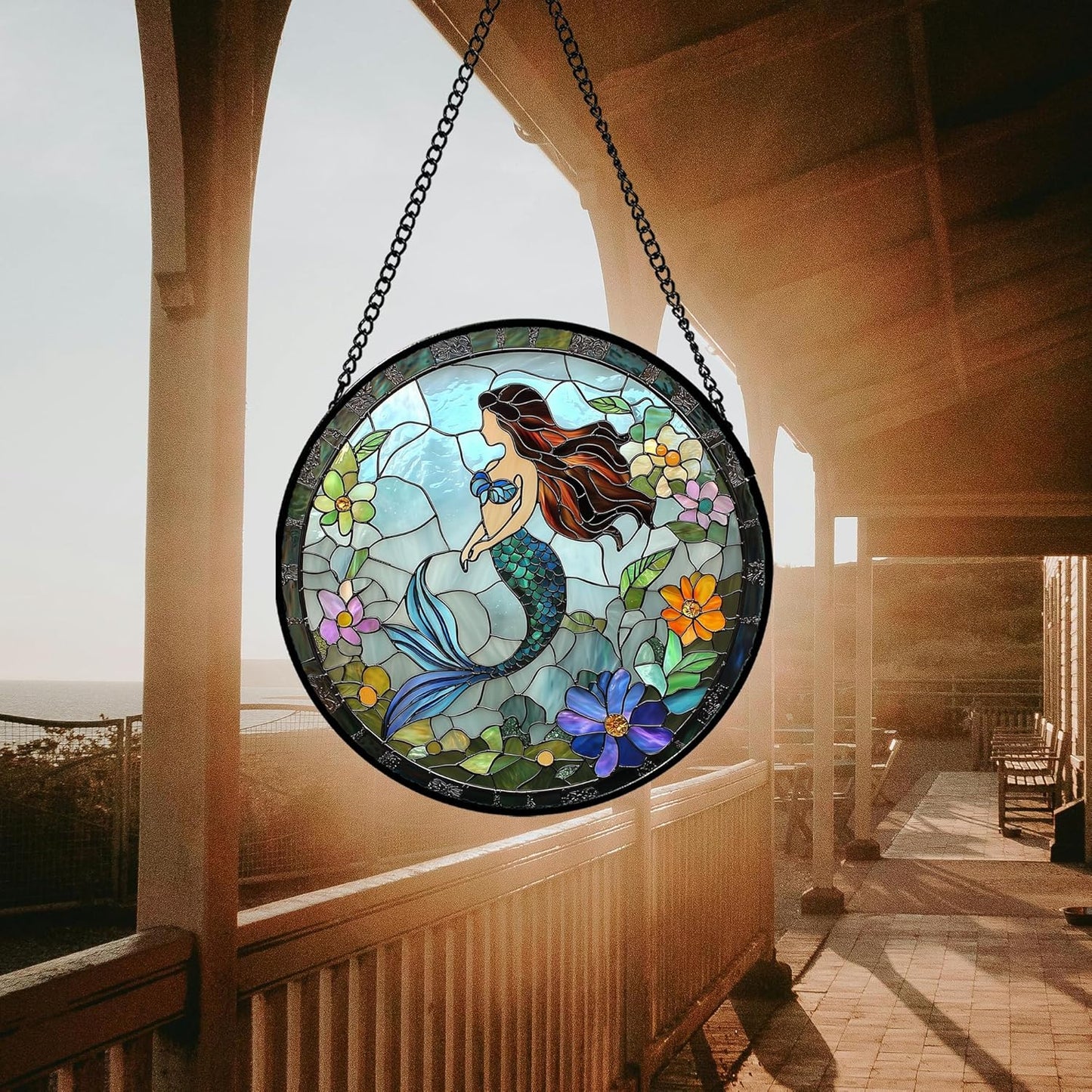 Stained Glass Window Hanging - Light Blue Mermaid Suncatcher for Door Terrace Garden Home Decor, Ocean Flowers Sun Catcher Birthday Gifts for Lovers Women Men Dad Mom Nana 15 in