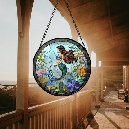 Stained Glass Window Hanging - Light Blue Mermaid Suncatcher for Door Terrace Garden Home Decor, Ocean Flowers Sun Catcher Birthday Gifts for Lovers Women Men Dad Mom Nana 6.3 in