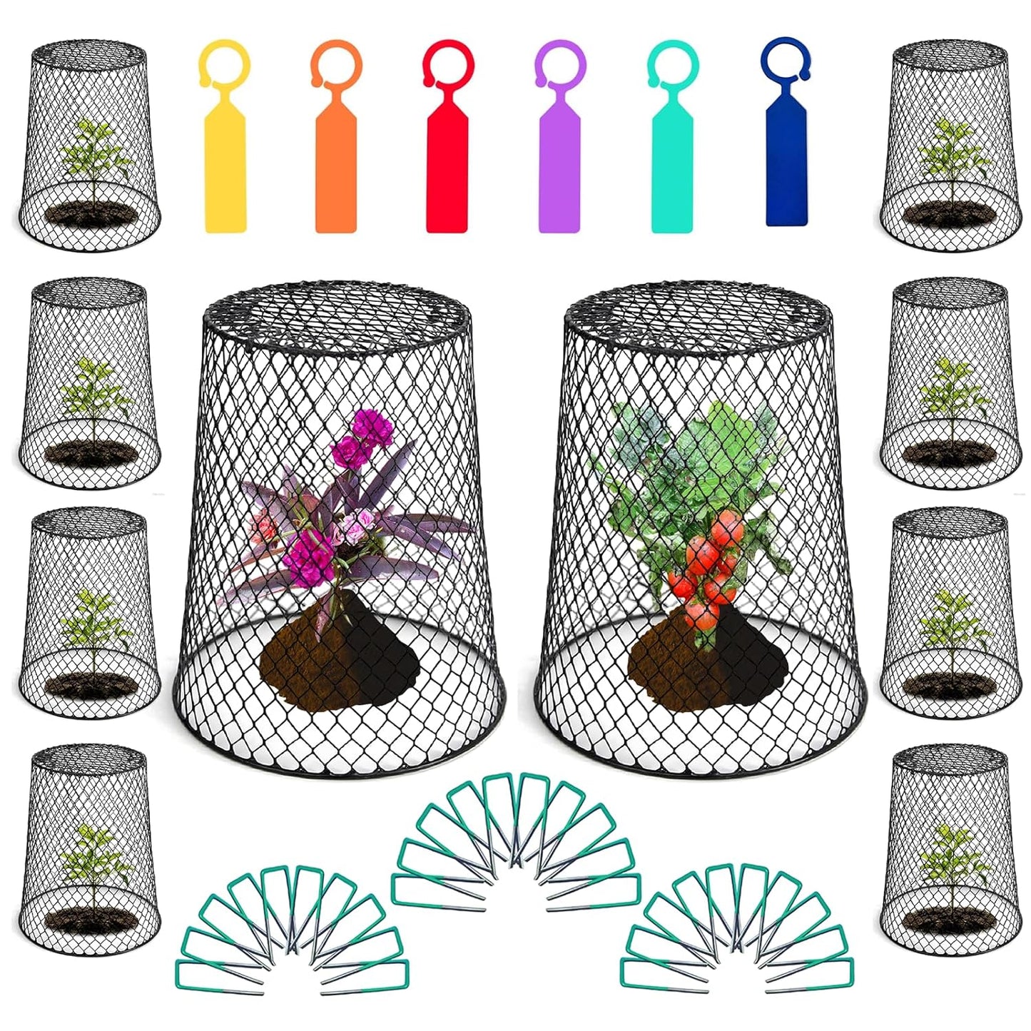 Feel Natural 10Pcs"9.25x9.45"Chicken Wire Cloches Plant Cover,Plant Cage,Plant Protectors from Animals,Plant Covers from Animals,with 30Pcs Landscape Staples&20Pcs Garden Plant Label.