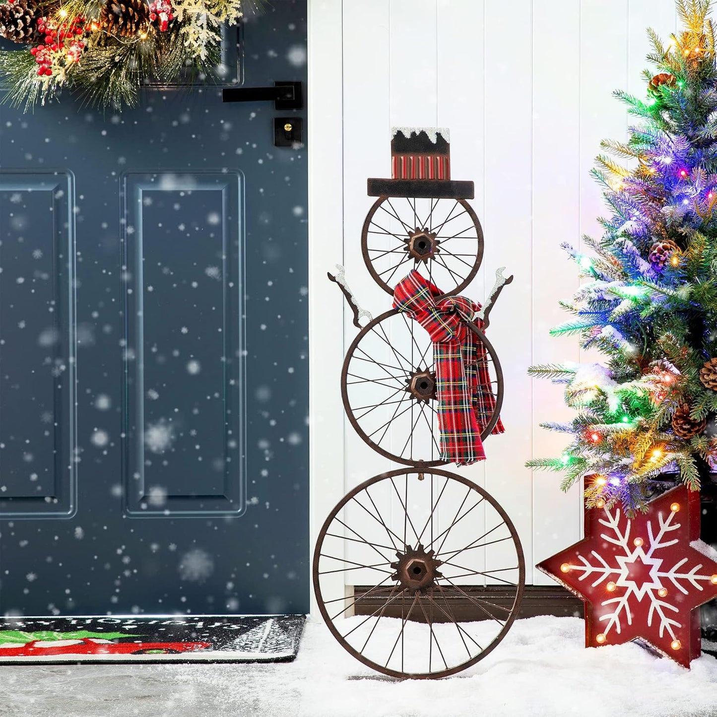 Glitzhome 33.98" H Metal Bike Wheel Snowman with Plaid Scarf Hat Porch Decor Metal Bicycle Garden Yard Decor Christmas Indoor Outdoor Decorations