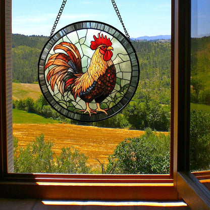 Stained Glass Window Hanging - Rooster Suncatcher for Doors Garden Patio Retro Colored Chicken Sun Catchers Decor Christmas Mother's Day Birthday Gifts for Women Men Mom Nana Friend 11.8 in