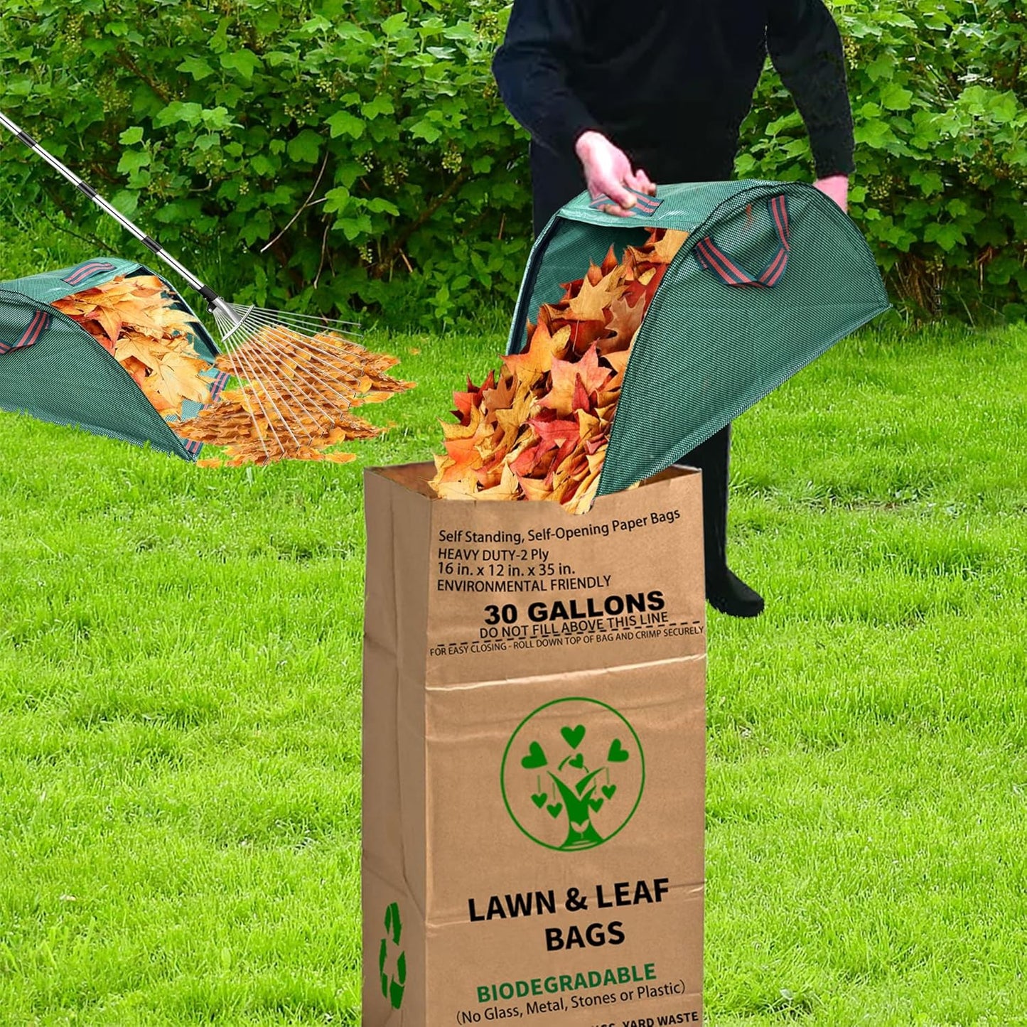 30 Gallon Heavy Duty Brown Paper Lawn Leaf Bags with Leaf Collector Leaf Loader 2-Ply Heavy Duty Large Kraft Paper Bags (10 Count) | Tear Resistant Yard Waste Bag for Home and Garden