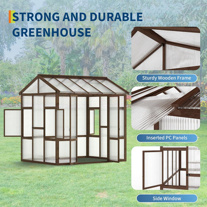 6x8 FT Wooden Greenhouse for Outdoor - Heavy Duty Walk-in Green House Kit with 6mm Polycarbonate, Ventilated Window & Lockable Door for Backyard, Patio, Lawn