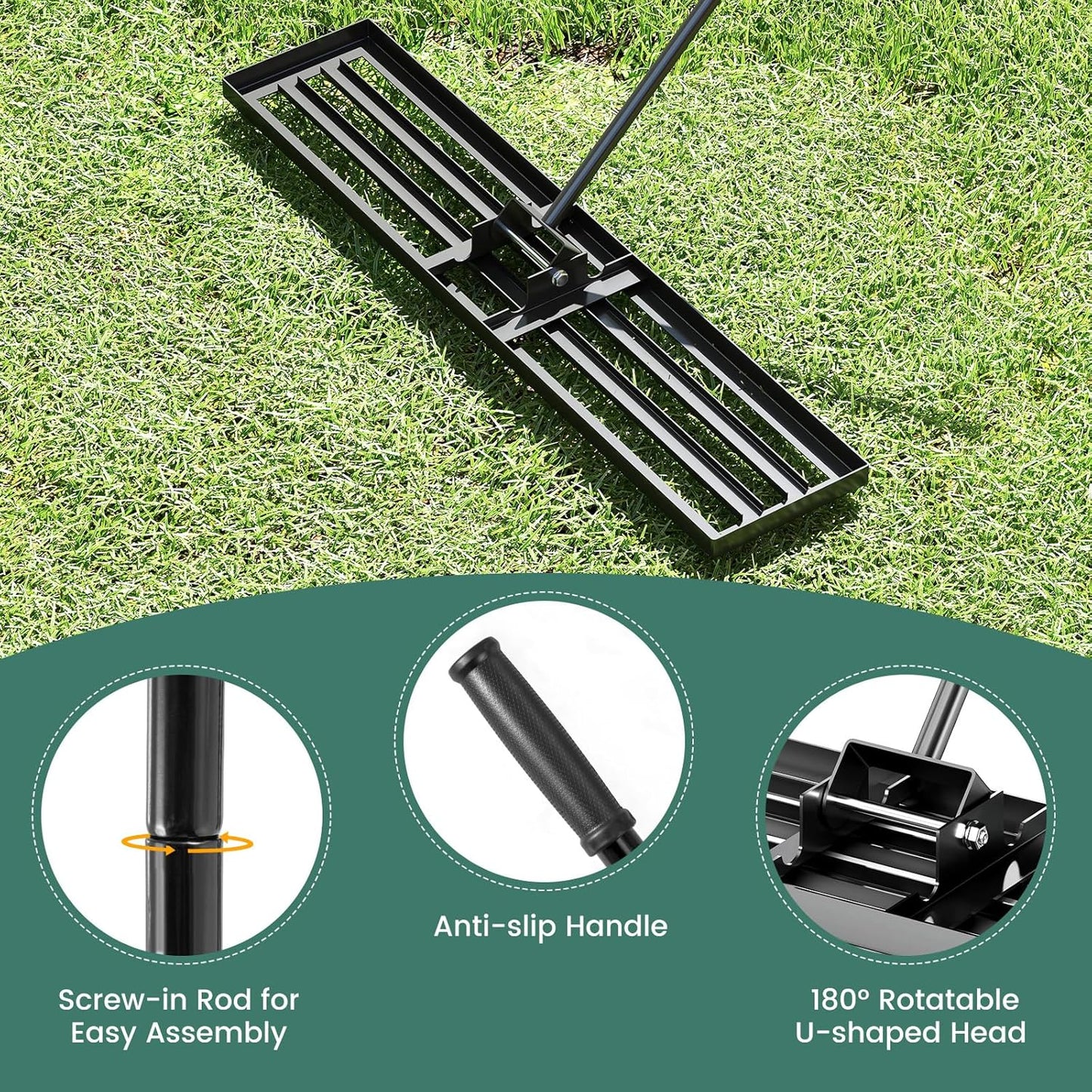Goplus Lawn Leveling Rake, 46" x 10" Heavy Duty Level Lawn Tool w/ Ergonomic Handle for Soil, Effort-Saving Landscape Rake for Garden, Backyard, Golf Course, Farm, Pasture, Black