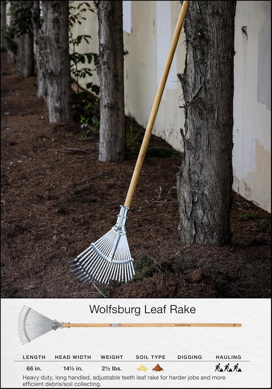 IDEALSPATEN - Made in Germany Since 1899 - Wolfsburg Leaf Rake Professional Heavy Duty Adjustable Leaf Rake 3.5lb - 66in (Wolfburg)#IS440