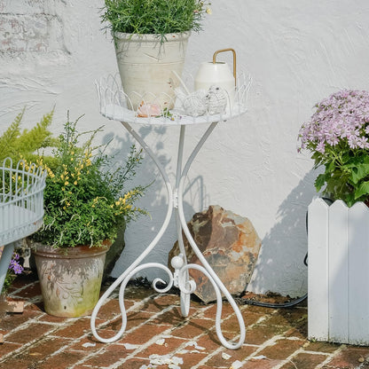 White Round Tabletop Plant Stand, French Vintage Metal Flower Pot Riser with Ornate Edge Detailing, Centerpiece Garden Decor