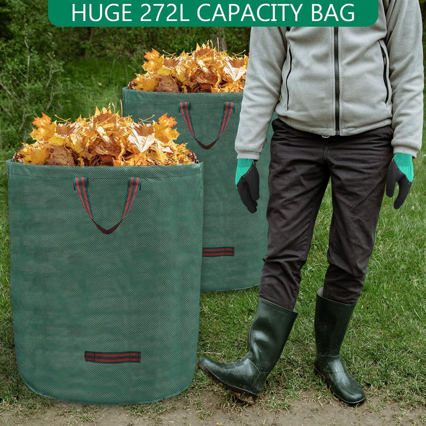 6 Pack 72 Gallons Reusable Garden Waste Bags with Coated Gloves, Heavy Duty Leaf Bags 4 Handles Lawn Yard Bags for Loading Leaf,Trash,Yard Waste Bags (H30" X D26")