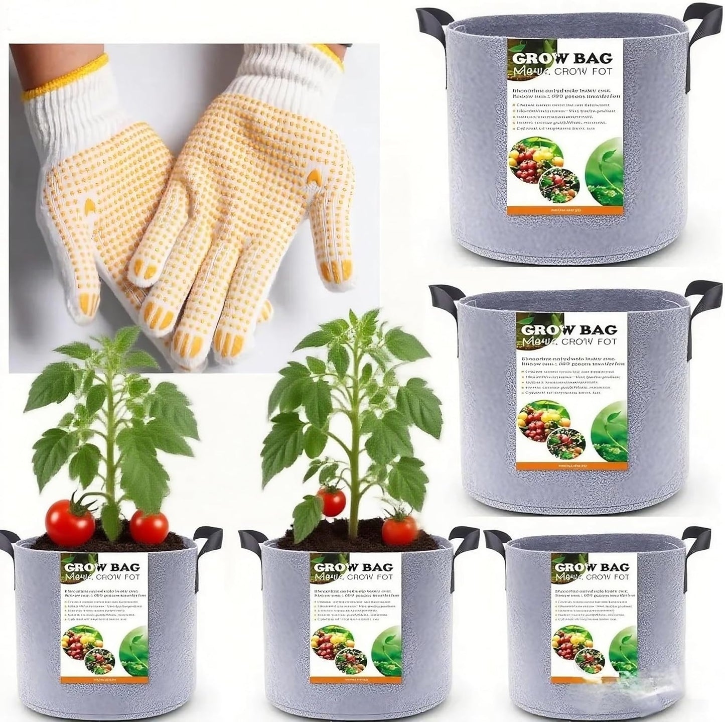 Grow Bags,Gallon Pot,Gallon Grow Bag,Fabric Plant Vegetable Pots with Handles,2-12 Nursery Pot Gallon Grow Bags with 1 Non-Slip Gardening Gloves,5pcs(12 Gallon)