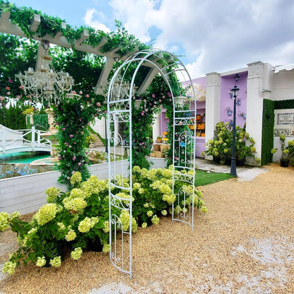 White Wedding Arch Garden Arbor Curved Metal Archway with Elegant Curve for Climbing Plants Roses Vines Garden Lawn Backyard Patio Wedding Outdoor Ceremony