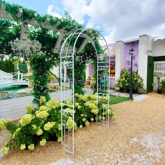White Wedding Arch Garden Arbor Curved Metal Archway with Elegant Curve for Climbing Plants Roses Vines Garden Lawn Backyard Patio Wedding Outdoor Ceremony