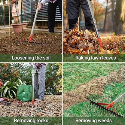 Garden Rake 17 Tempered Spring Steel Tines Heavy Duty Rake for Lawns Bow Rakes Metal Rakes with 62 Inch Stainless Steel Adjustable Long Handle for Loosening Soil Yard Work