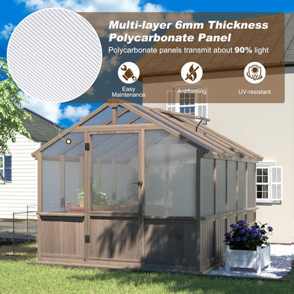 8x10 FT Greenhouse Kit with 6MM Thick Polycarbonate Panel for Outdoor, Wooden Walk-in Green House with Adjustable Roof Vent and Lockable Door, Backyard, Garden, Light Mocha Brown