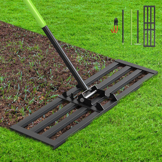 Seeutek Lawn Leveling Rake, 35” x 10” Lawn Leveler with 6.5FT Stainless Steel Handle Rakes for Lawns, 0-180° Adjustable Ground Leveler Tool for Yard, Level Soil Sand Dirt Surfaces