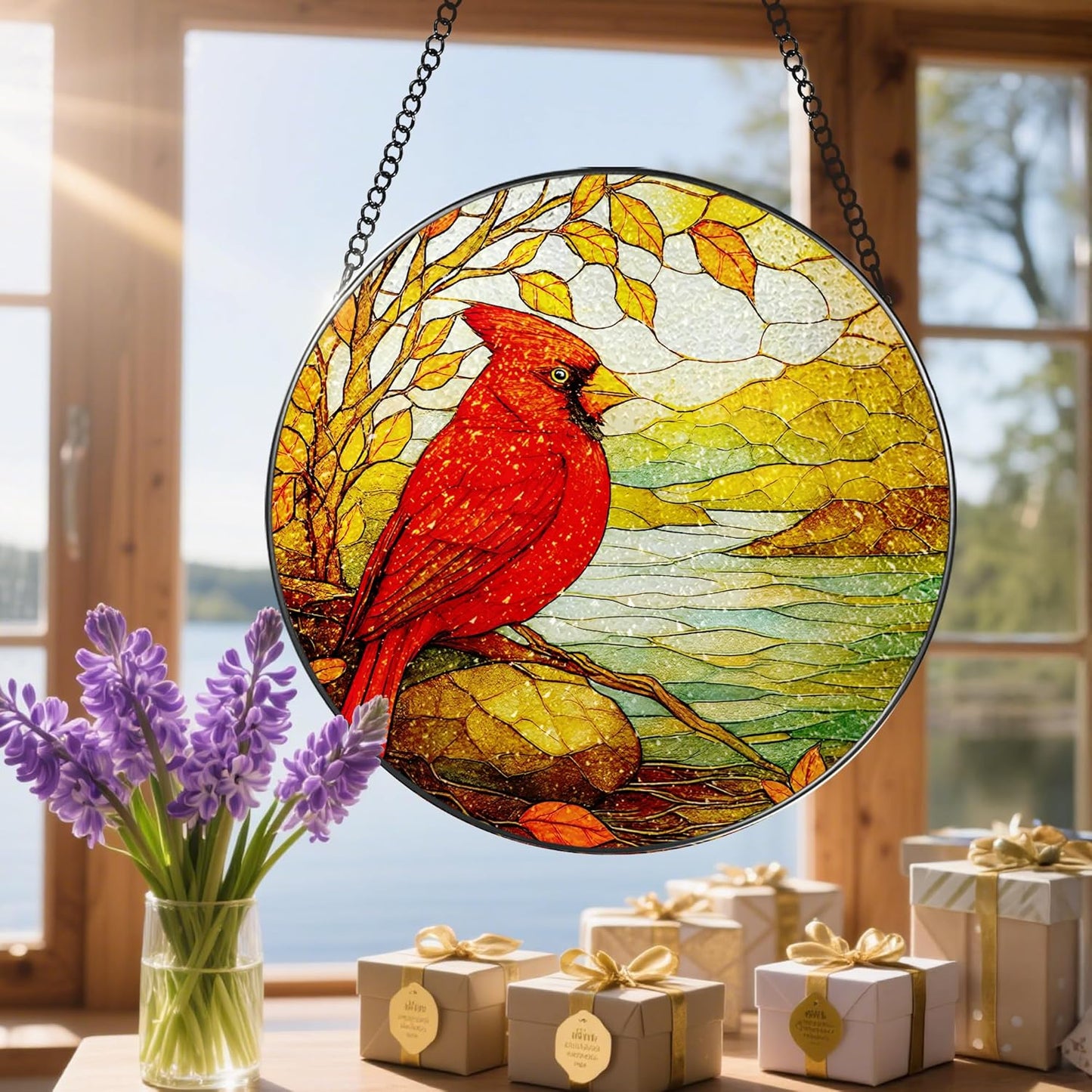 Stained Glass Window Hanging, 8 Inch Cardinal Stained Glass Suncatcher, Memorial Sun Catchers Indoor Window, Memorial Gifts, Sympathy Gift for Loss, Red Bird Decor, Cardinal Gift
