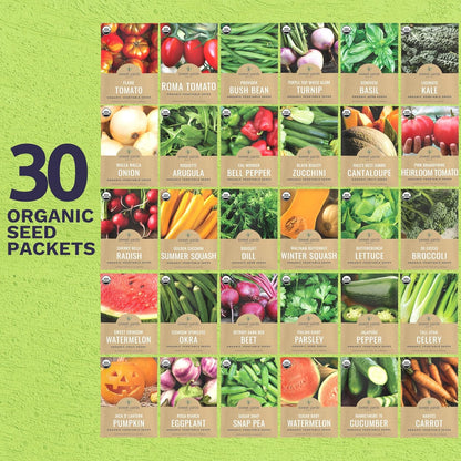 Organic Seeds Gardener Variety Pack - 30 Individual Packs - 2025 Season - Arugula, Basil, Winter Squash, Nantes Carrots and More! for Indoor & Outdoor Planting (Non-GMO, Certified Organic)