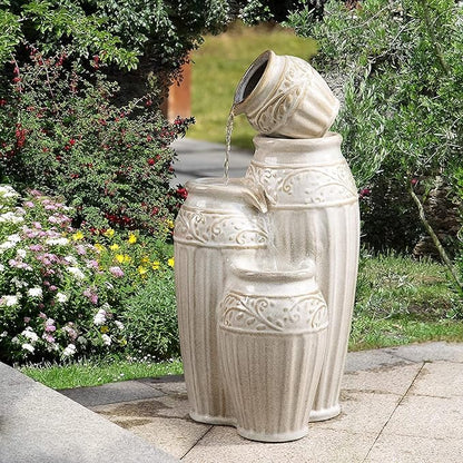 Glitzhome 27.25" H Outdoor Garden Water Fountain with LED Lights and Pump, 4 Tier Sand Beige Embossed Pattern Ceramic Pots Cascading Floor Standing Fountain for Porch Deck Patio Backyard Decoration
