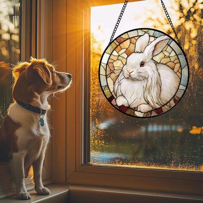 Stained Glass Window Hanging Cute White Angora Rabbit 9.8" - Bunny Suncatcher Door Garden Sunroom Sun Catcher Home Decor Birthday Christmas for Mom Men Woman Nana