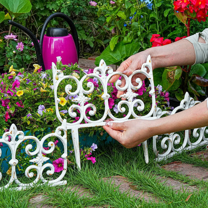 Sungmor Decorative Cast Iron Garden Edging, 4 Pack Rustic White Victorian Garden Edging Landscape Border, Vintage Metal Yard Stake Low Picket Fence, 10.6" Tall Outdoor Flower Bed Lawn Fence Panels