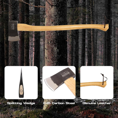 Prandi Axes Yankee C45 Forged Carbon Steel Hatchet - Hickory Handle with Leather String - Ideal for Firewood, Splitting, and Chopping - 35.43" L x 7.95" W, 1800g Head 3.086.18.TH